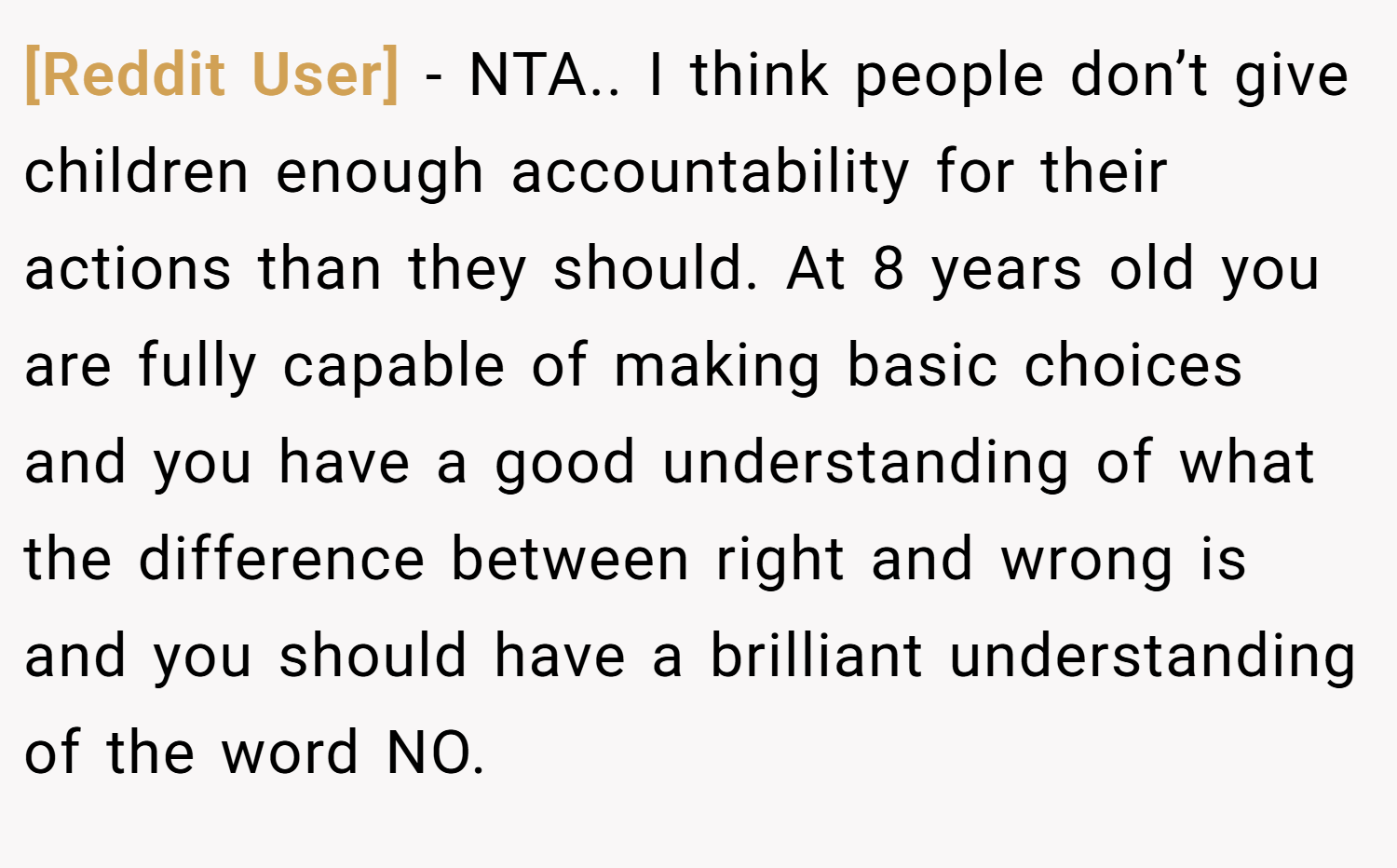 [Reddit User] − NTA.. I think people don’t give children enough accountability for their actions than they should. At 8 years old you are fully capable of making basic choices and you have a good understanding of what the difference between right and wrong is and you should have a brilliant understanding of the word NO.