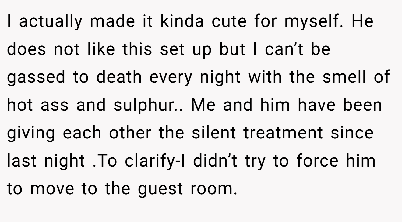 I actually made it kinda cute for myself. He does not like this set up but I can’t be gassed to death every night with the smell of hot ass and sulphur.. Me and him have been giving each other the silent treatment since last night .To clarify-I didn’t try to force him to move to the guest room.