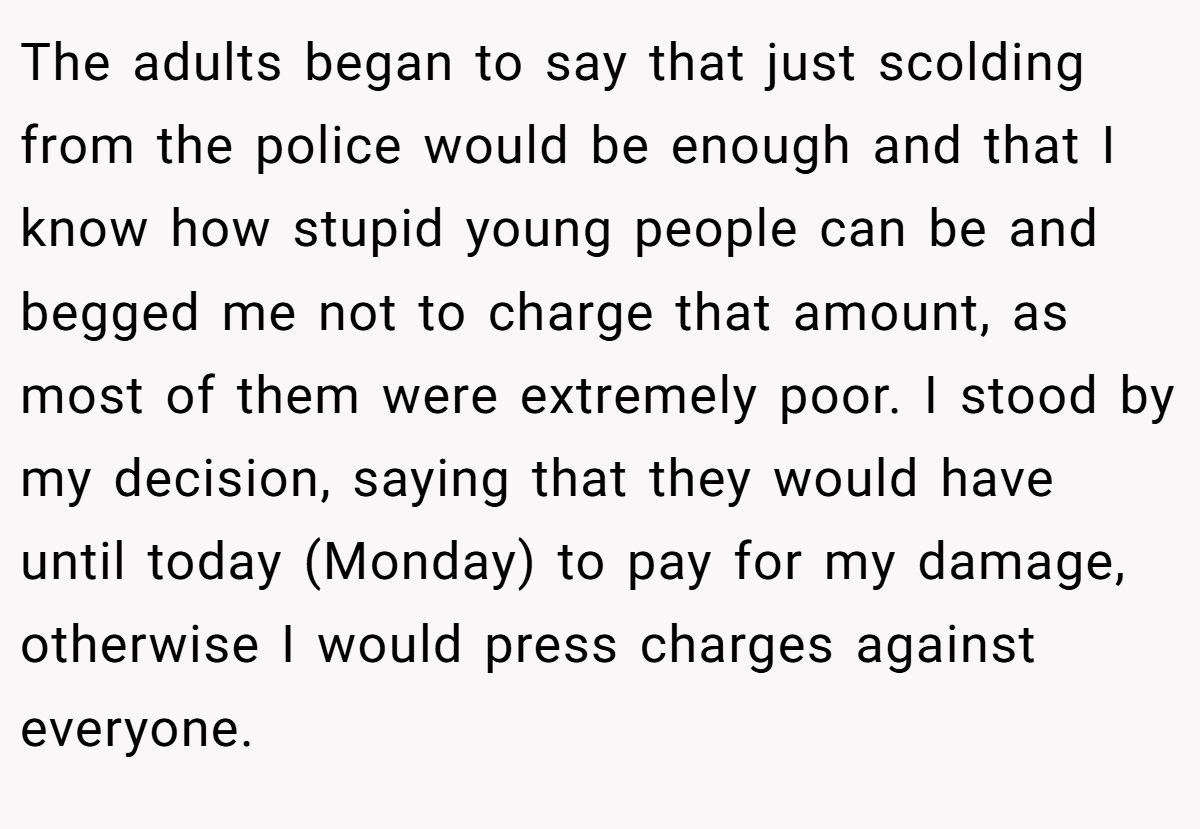 The adults began to say that just scolding from the police would be enough and that I know how stupid young people can be and begged me not to charge that amount, as most of them were extremely poor. I stood by my decision, saying that they would have until today (Monday) to pay for my damage, otherwise I would press charges against everyone.