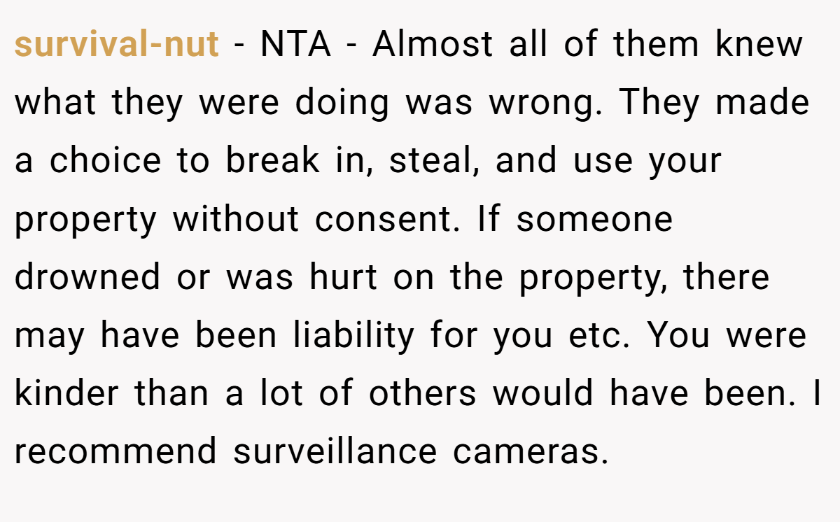 survival-nut − NTA - Almost all of them knew what they were doing was wrong. They made a choice to break in, steal, and use your property without consent. If someone drowned or was hurt on the property, there may have been liability for you etc. You were kinder than a lot of others would have been. I recommend surveillance cameras.