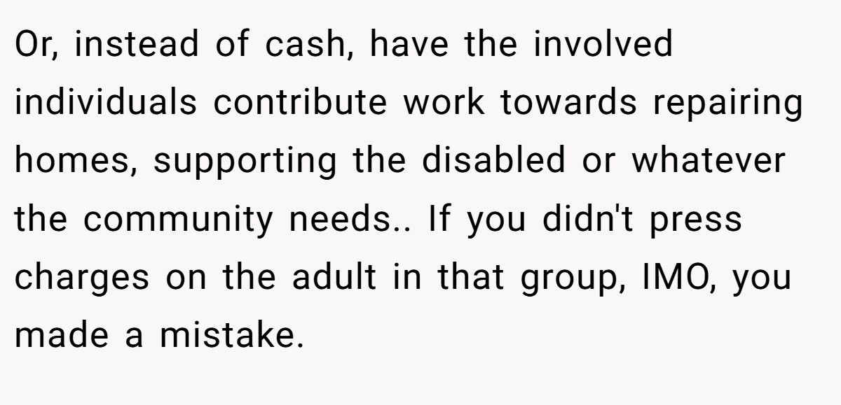 Or, instead of cash, have the involved individuals contribute work towards repairing homes, supporting the disabled or whatever the community needs.. If you didn't press charges on the adult in that group, IMO, you made a mistake.