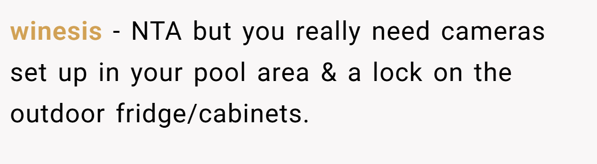 winesis − NTA but you really need cameras set up in your pool area & a lock on the outdoor fridge/cabinets.