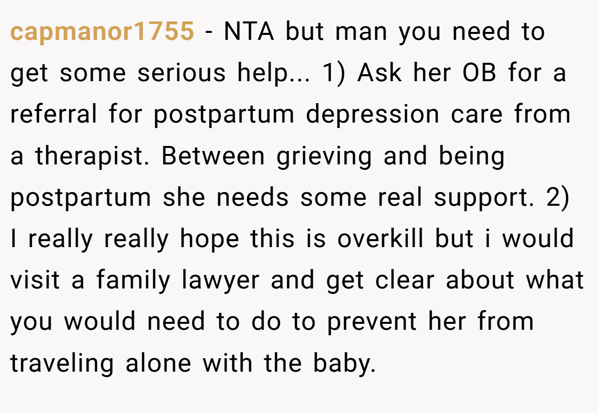 capmanor1755 − NTA but man you need to get some serious help... 1) Ask her OB for a referral for postpartum depression care from a therapist. Between grieving and being postpartum she needs some real support. 2) I really really hope this is overkill but i would visit a family lawyer and get clear about what you would need to do to prevent her from traveling alone with the baby.