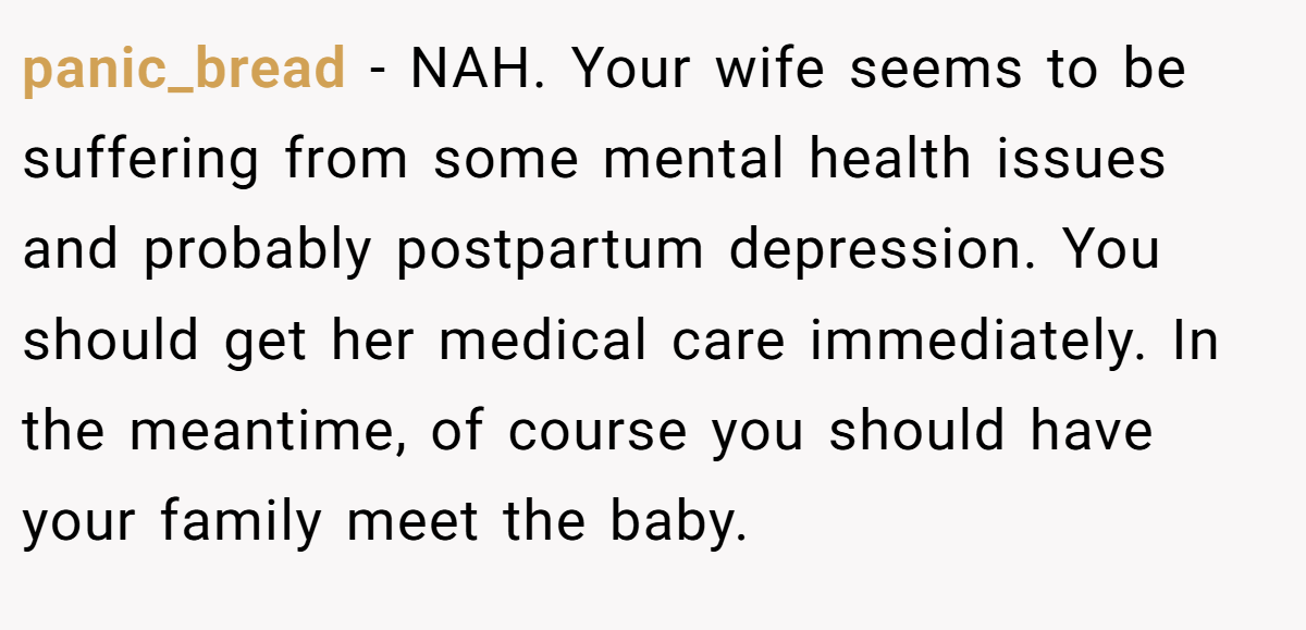 panic_bread − NAH. Your wife seems to be suffering from some mental health issues and probably postpartum depression. You should get her medical care immediately. In the meantime, of course you should have your family meet the baby.