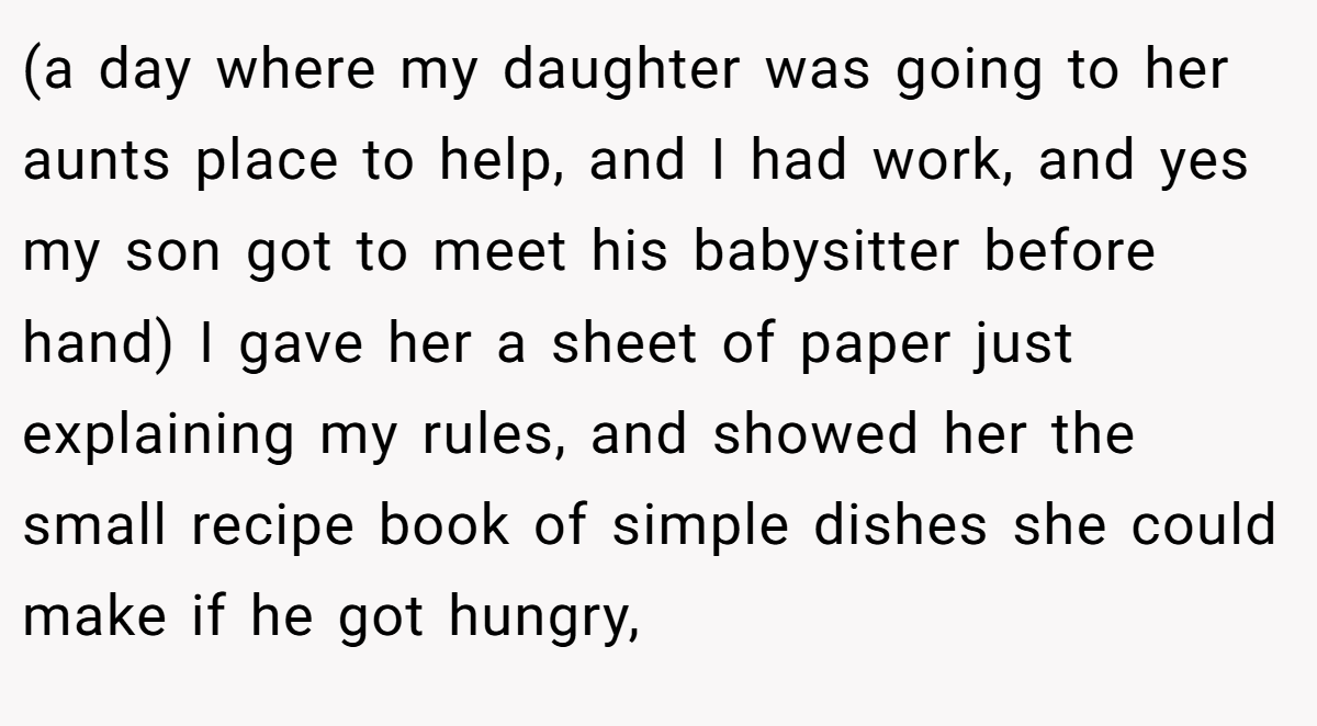 (a day where my daughter was going to her aunts place to help, and I had work, and yes my son got to meet his babysitter before hand) I gave her a sheet of paper just explaining my rules, and showed her the small recipe book of simple dishes she could make if he got hungry,