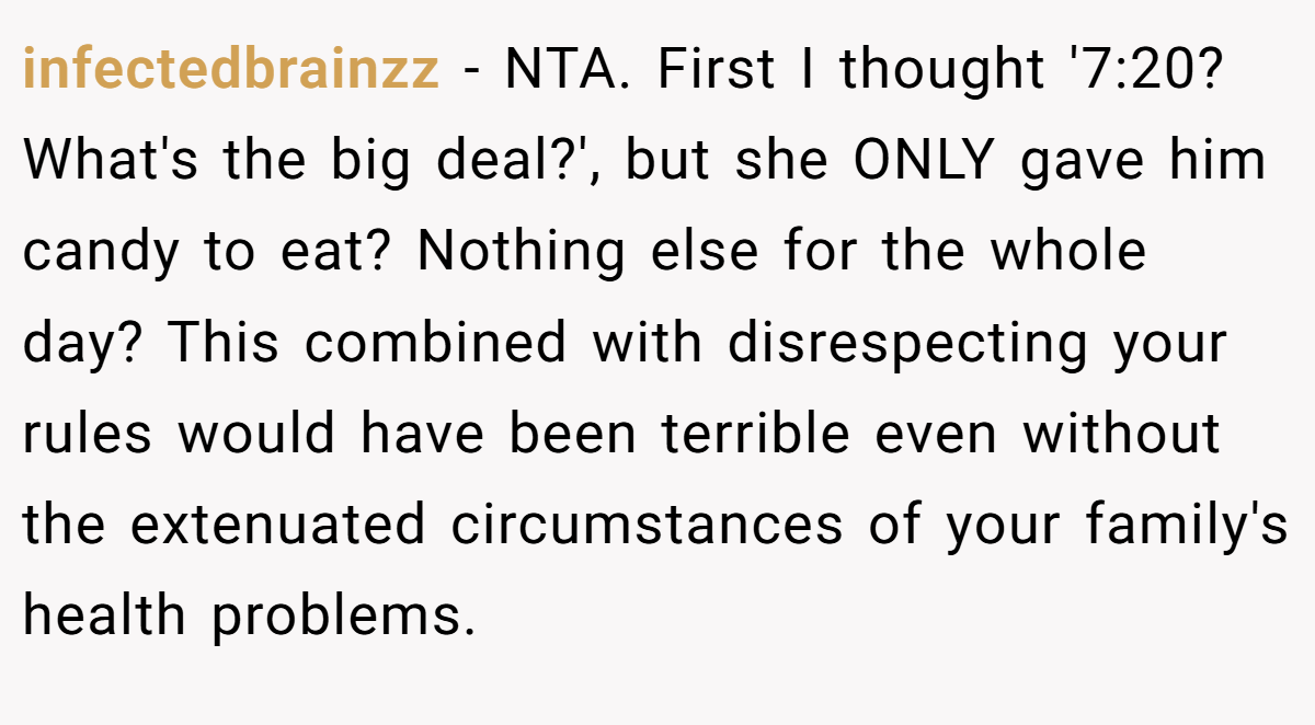 infectedbrainzz − NTA. First I thought '7:20? What's the big deal?', but she ONLY gave him candy to eat? Nothing else for the whole day? This combined with disrespecting your rules would have been terrible even without the extenuated circumstances of your family's health problems.