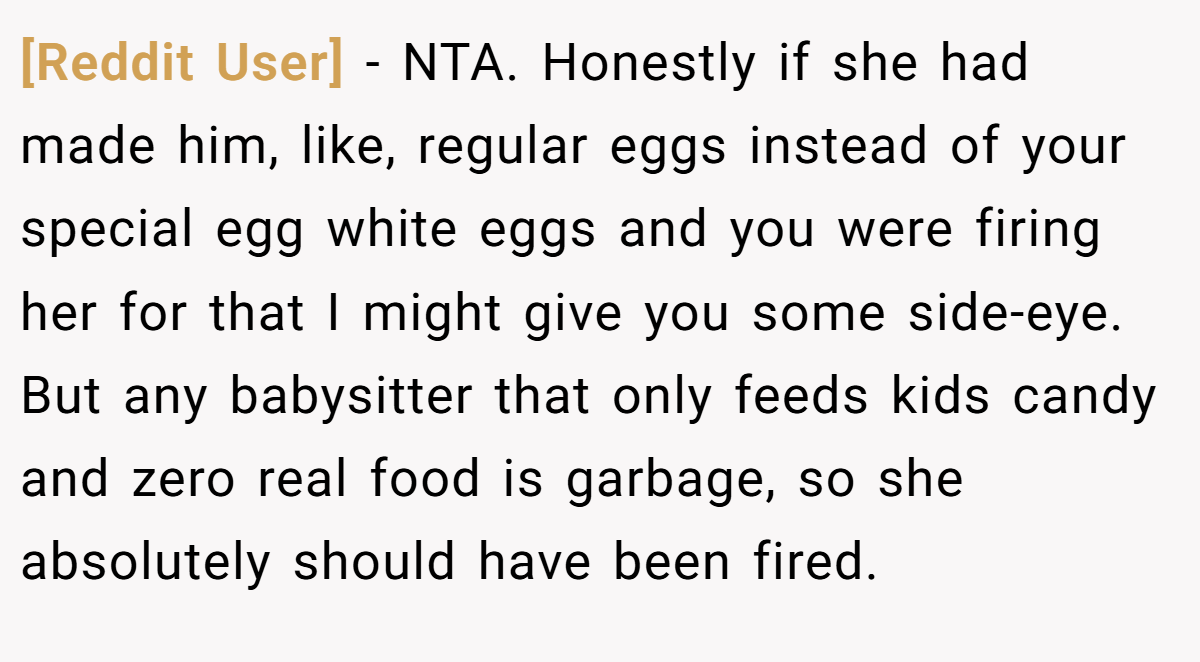 [Reddit User] − NTA. Honestly if she had made him, like, regular eggs instead of your special egg white eggs and you were firing her for that I might give you some side-eye. But any babysitter that only feeds kids candy and zero real food is garbage, so she absolutely should have been fired.