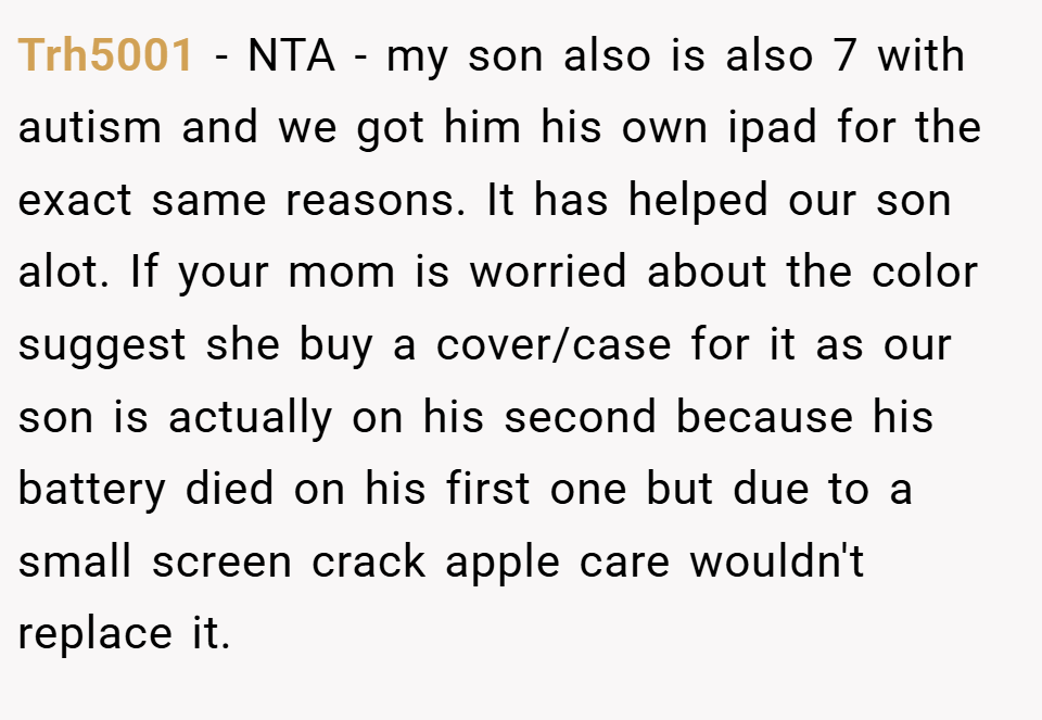 Trh5001 − NTA - my son also is also 7 with autism and we got him his own ipad for the exact same reasons. It has helped our son alot. If your mom is worried about the color suggest she buy a cover/case for it as our son is actually on his second because his battery died on his first one but due to a small screen crack apple care wouldn't replace it.