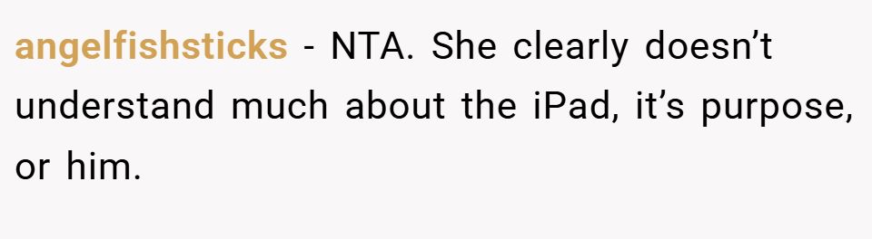 angelfishsticks − NTA. She clearly doesn’t understand much about the iPad, it’s purpose, or him.
