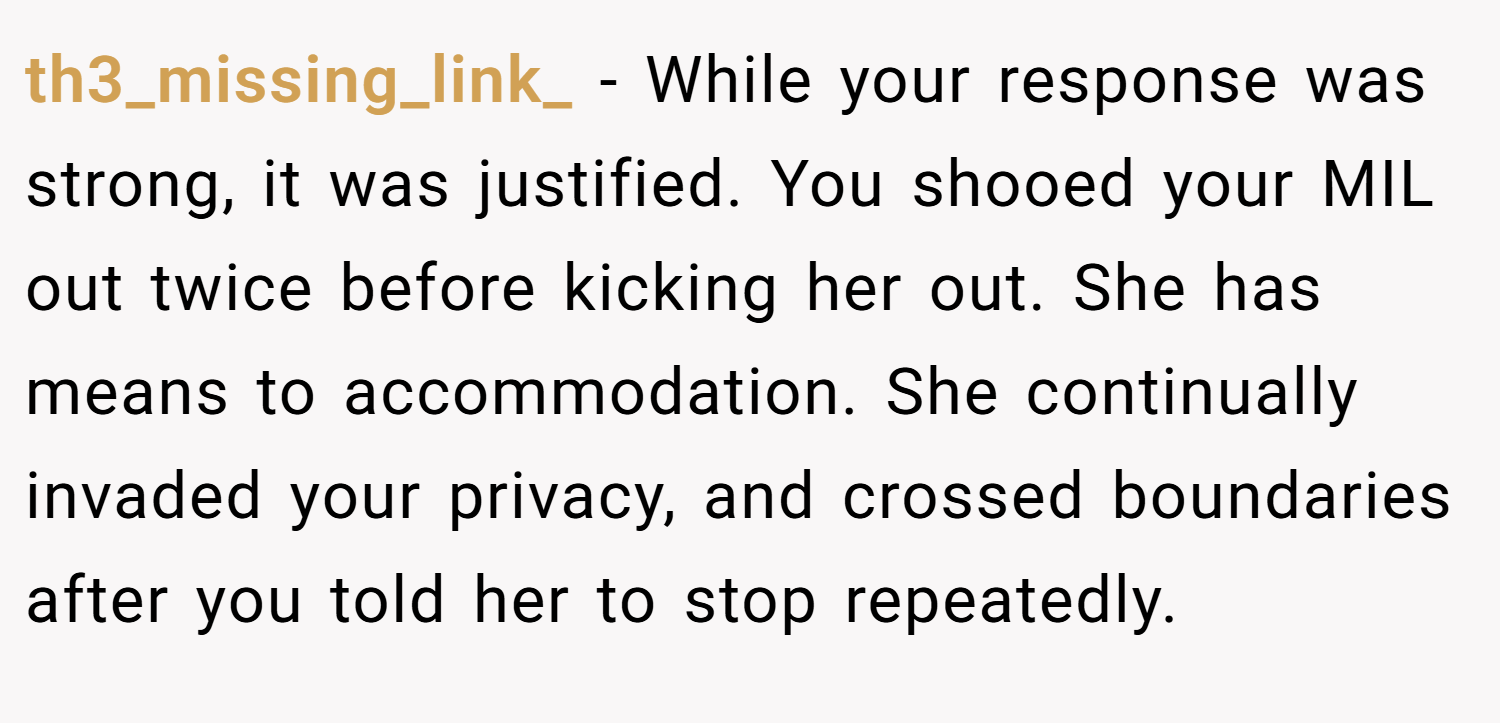 th3_missing_link_ − While your response was strong, it was justified. You shooed your MIL out twice before kicking her out. She has means to accommodation. She continually invaded your privacy, and crossed boundaries after you told her to stop repeatedly.