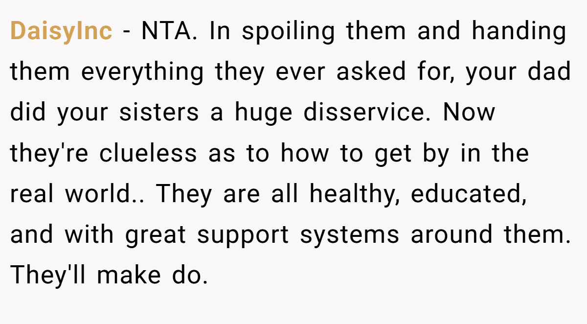 DaisyInc − NTA. In spoiling them and handing them everything they ever asked for, your dad did your sisters a huge disservice. Now they're clueless as to how to get by in the real world.. They are all healthy, educated, and with great support systems around them. They'll make do.