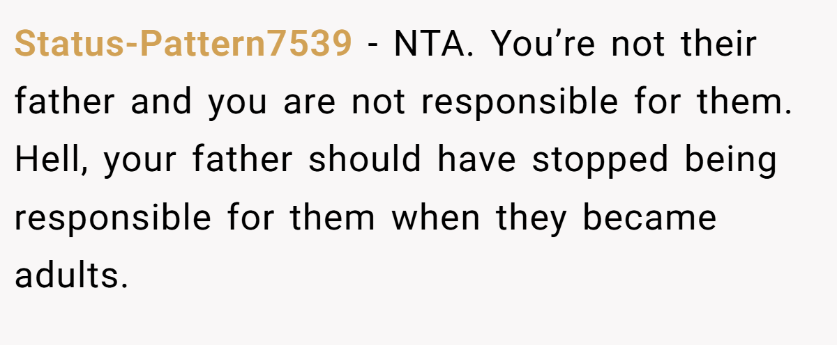 Status-Pattern7539 − NTA. You’re not their father and you are not responsible for them. Hell, your father should have stopped being responsible for them when they became adults.