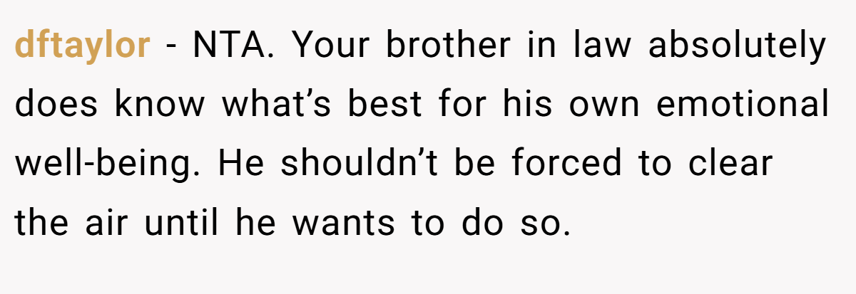 dftaylor − NTA. Your brother in law absolutely does know what’s best for his own emotional well-being. He shouldn’t be forced to clear the air until he wants to do so.