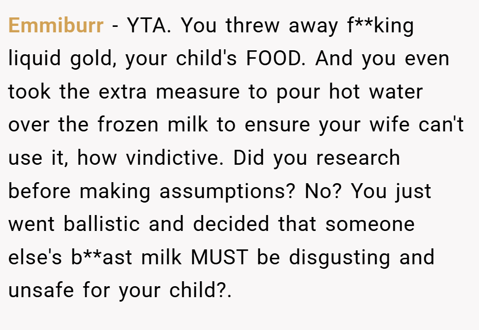 Emmiburr − YTA. You threw away f**king liquid gold, your child's FOOD. And you even took the extra measure to pour hot water over the frozen milk to ensure your wife can't use it, how vindictive. Did you research before making assumptions? No? You just went ballistic and decided that someone else's b**ast milk MUST be disgusting and unsafe for your child?.