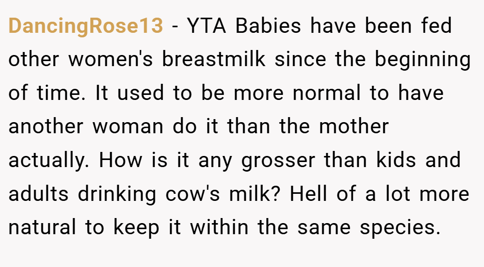 DancingRose13 − YTA Babies have been fed other women's breastmilk since the beginning of time. It used to be more normal to have another woman do it than the mother actually. How is it any grosser than kids and adults drinking cow's milk? Hell of a lot more natural to keep it within the same species.