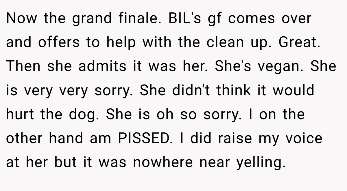 Now the grand finale. BIL's gf comes over and offers to help with the clean up. Great. Then she admits it was her. She's vegan. She is very very sorry. She didn't think it would hurt the dog. She is oh so sorry. I on the other hand am PISSED. I did raise my voice at her but it was nowhere near yelling.