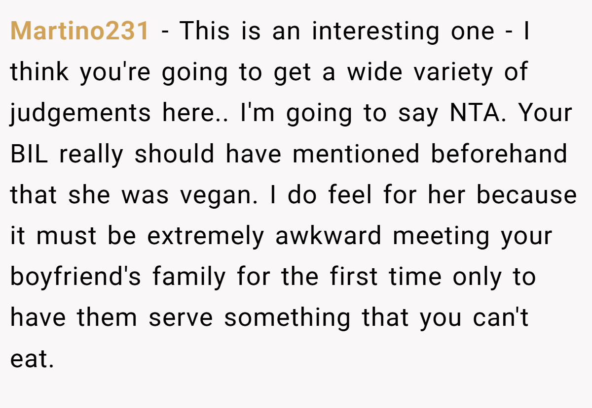 Martino231 − This is an interesting one - I think you're going to get a wide variety of judgements here.. I'm going to say NTA. Your BIL really should have mentioned beforehand that she was vegan. I do feel for her because it must be extremely awkward meeting your boyfriend's family for the first time only to have them serve something that you can't eat.