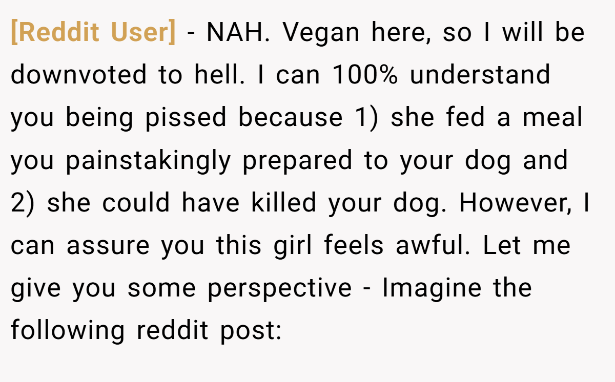 [Reddit User] − NAH. Vegan here, so I will be downvoted to hell. I can 100% understand you being pissed because 1) she fed a meal you painstakingly prepared to your dog and 2) she could have killed your dog. However, I can assure you this girl feels awful. Let me give you some perspective - Imagine the following reddit post: