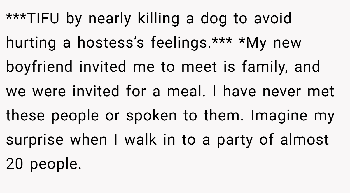 ***TIFU by nearly killing a dog to avoid hurting a hostess’s feelings.*** *My new boyfriend invited me to meet is family, and we were invited for a meal. I have never met these people or spoken to them. Imagine my surprise when I walk in to a party of almost 20 people.