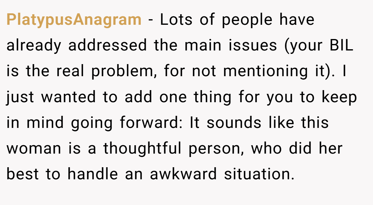 PlatypusAnagram − Lots of people have already addressed the main issues (your BIL is the real problem, for not mentioning it). I just wanted to add one thing for you to keep in mind going forward: It sounds like this woman is a thoughtful person, who did her best to handle an awkward situation.