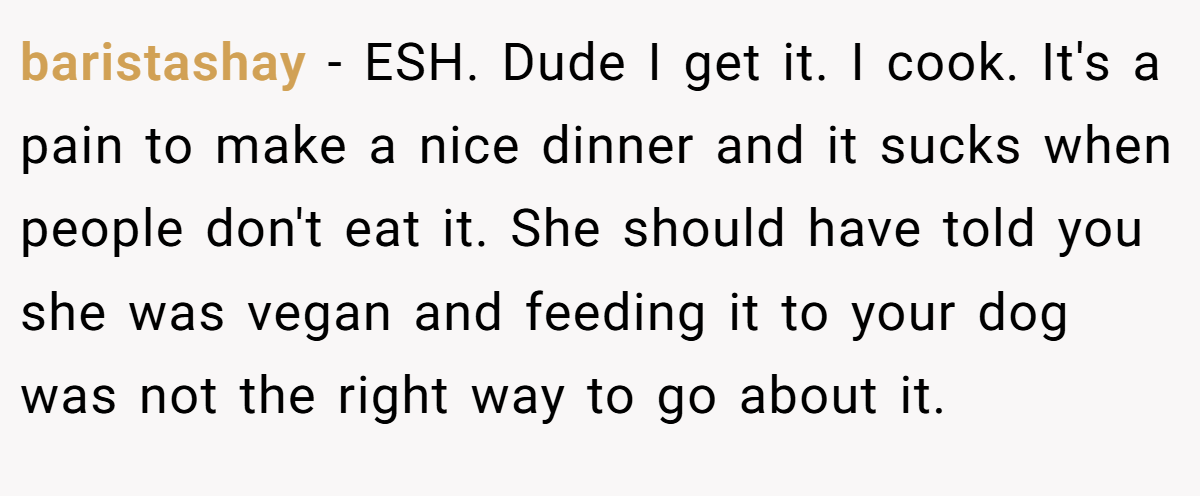 baristashay − ESH. Dude I get it. I cook. It's a pain to make a nice dinner and it sucks when people don't eat it. She should have told you she was vegan and feeding it to your dog was not the right way to go about it.