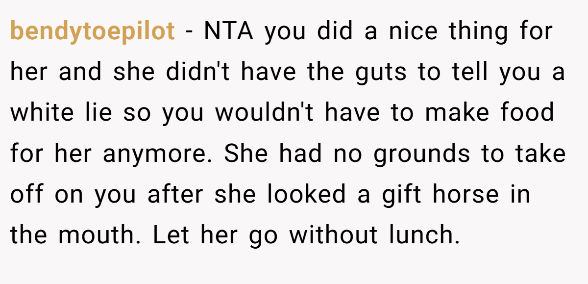 bendytoepilot − NTA you did a nice thing for her and she didn't have the guts to tell you a white lie so you wouldn't have to make food for her anymore. She had no grounds to take off on you after she looked a gift horse in the mouth. Let her go without lunch.