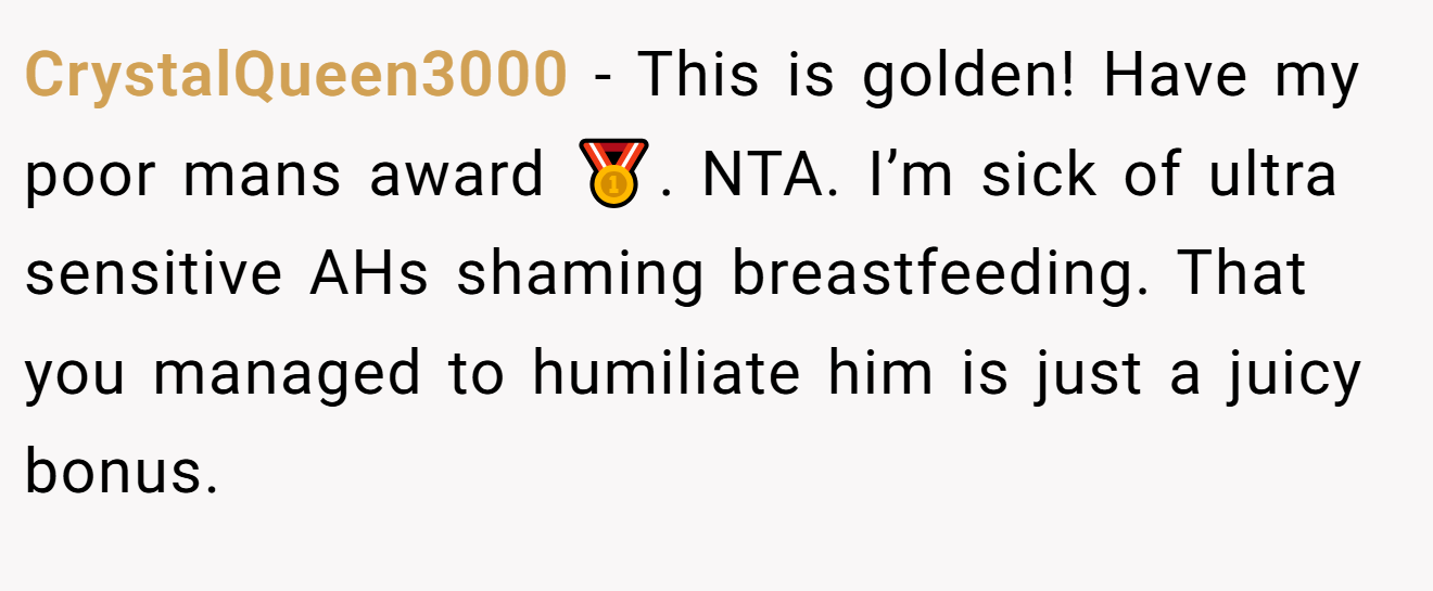 CrystalQueen3000 - This is golden! Have my poor mans award 🥇. NTA. I’m sick of ultra sensitive AHs shaming breastfeeding. That you managed to humiliate him is just a juicy bonus.