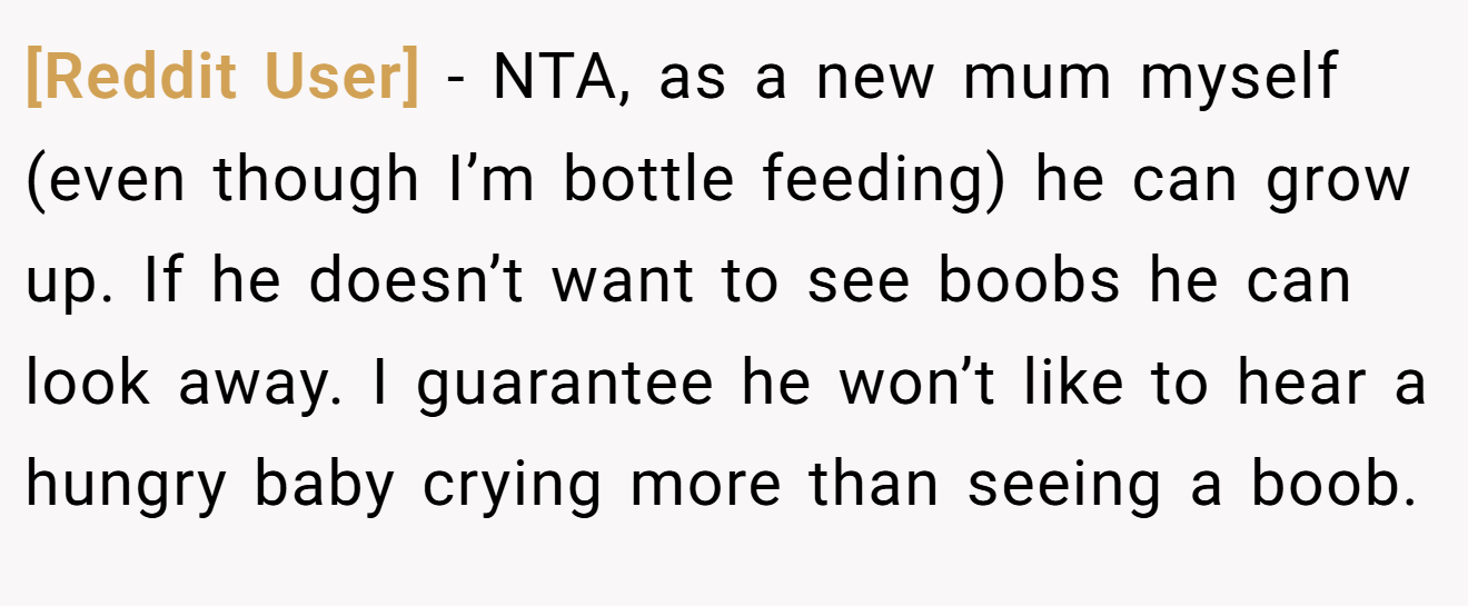 [Reddit User] - NTA, as a new mum myself (even though I’m bottle feeding) he can grow up. If he doesn’t want to see boobs he can look away. I guarantee he won’t like to hear a hungry baby crying more than seeing a boob.
