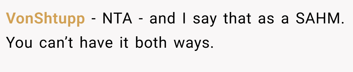 VonShtupp - NTA - and I say that as a SAHM. You can’t have it both ways.