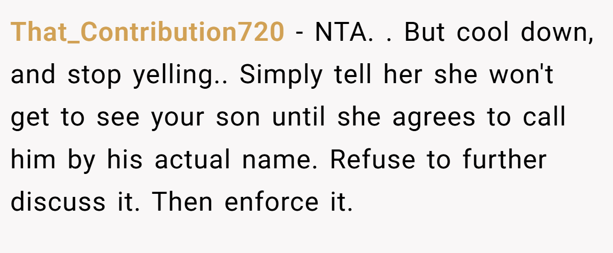 That_Contribution720 − NTA. ​. But cool down, and stop yelling.. Simply tell her she won't get to see your son until she agrees to call him by his actual name. Refuse to further discuss it. Then enforce it.