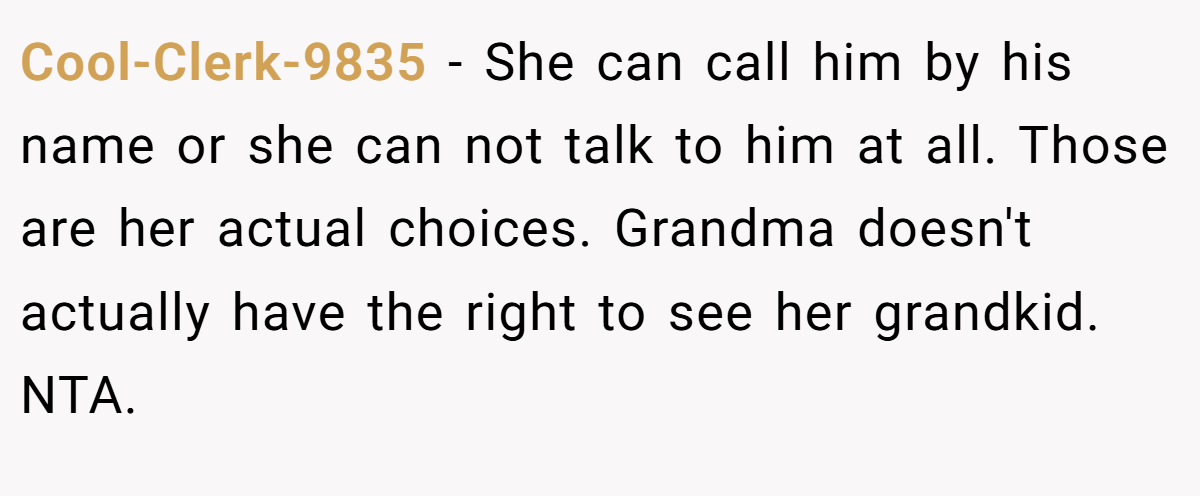 Cool-Clerk-9835 − She can call him by his name or she can not talk to him at all. Those are her actual choices. Grandma doesn't actually have the right to see her grandkid. NTA.