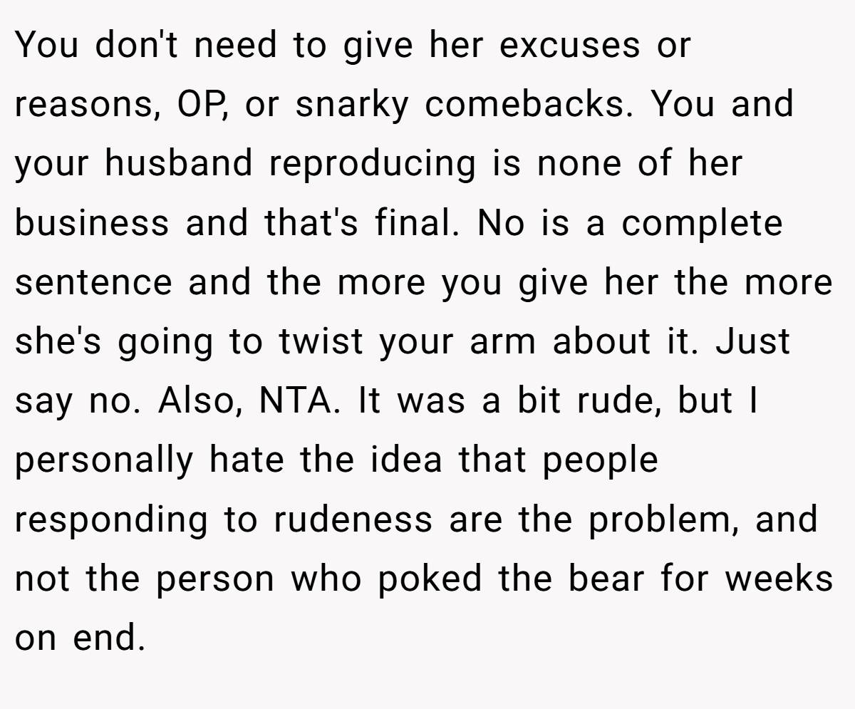 You don't need to give her excuses or reasons, OP, or snarky comebacks. You and your husband reproducing is none of her business and that's final. No is a complete sentence and the more you give her the more she's going to twist your arm about it. Just say no. Also, NTA. It was a bit rude, but I personally hate the idea that people responding to rudeness are the problem, and not the person who poked the bear for weeks on end.