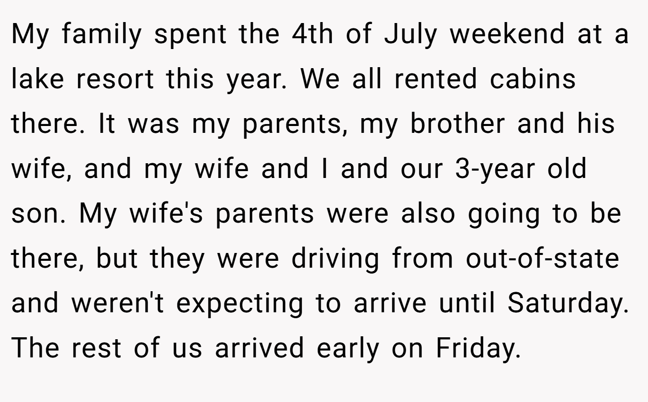 My family spent the 4th of July weekend at a lake resort this year. We all rented cabins there. It was my parents, my brother and his wife, and my wife and I and our 3-year old son. My wife's parents were also going to be there, but they were driving from out-of-state and weren't expecting to arrive until Saturday. The rest of us arrived early on Friday.