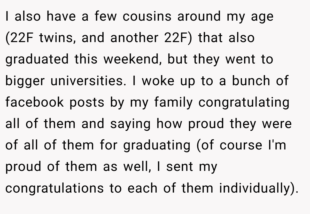 I also have a few cousins around my age (22F twins, and another 22F) that also graduated this weekend, but they went to bigger universities. I woke up to a bunch of facebook posts by my family congratulating all of them and saying how proud they were of all of them for graduating (of course I'm proud of them as well, I sent my congratulations to each of them individually).