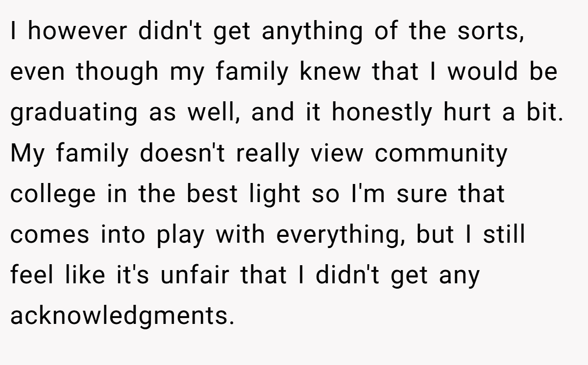 I however didn't get anything of the sorts, even though my family knew that I would be graduating as well, and it honestly hurt a bit. My family doesn't really view community college in the best light so I'm sure that comes into play with everything, but I still feel like it's unfair that I didn't get any acknowledgments.