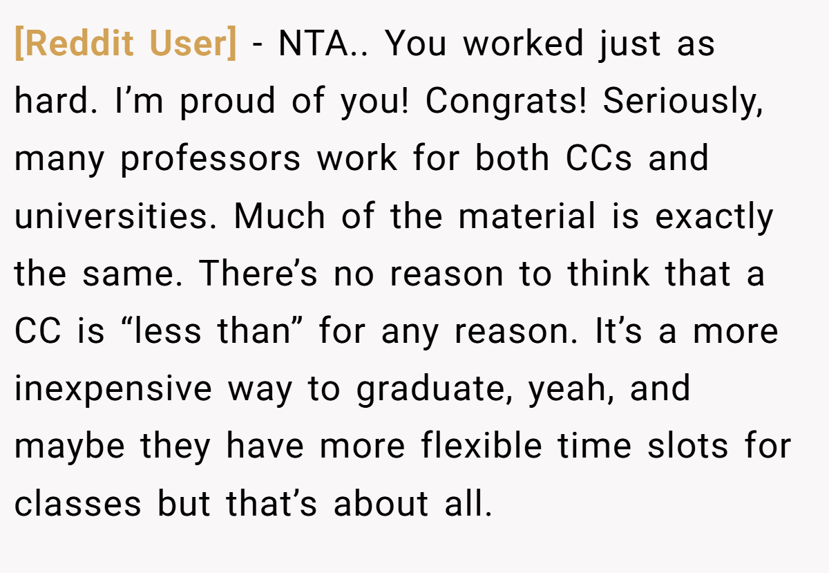 [Reddit User] - NTA.. You worked just as hard. I’m proud of you! Congrats! Seriously, many professors work for both CCs and universities. Much of the material is exactly the same. There’s no reason to think that a CC is “less than” for any reason. It’s a more inexpensive way to graduate, yeah, and maybe they have more flexible time slots for classes but that’s about all.