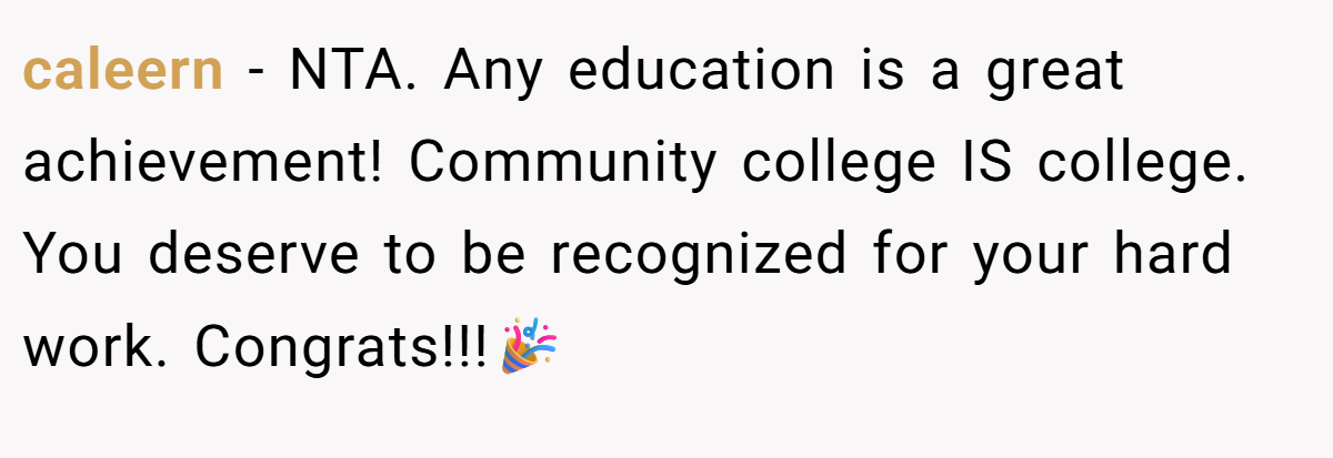 caleern - NTA. Any education is a great achievement! Community college IS college. You deserve to be recognized for your hard work. Congrats!!!🎉