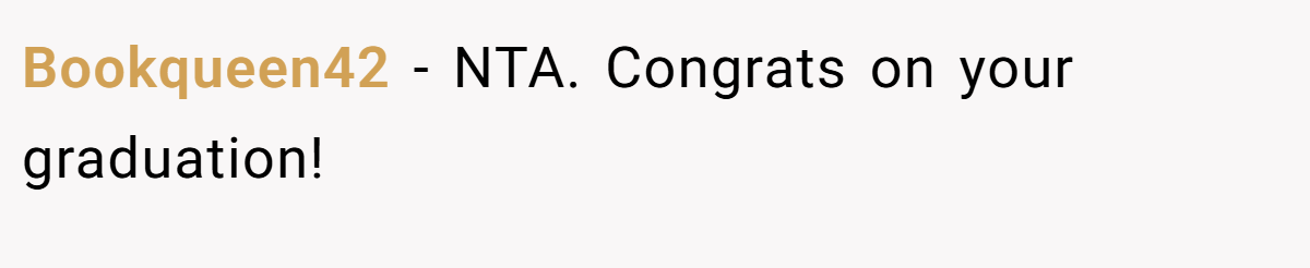 Bookqueen42 - NTA. Congrats on your graduation!