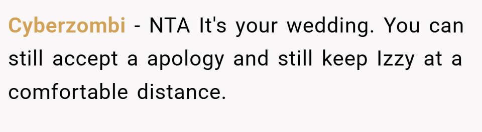Cyberzombi − NTA It's your wedding. You can still accept a apology and still keep Izzy at a comfortable distance.