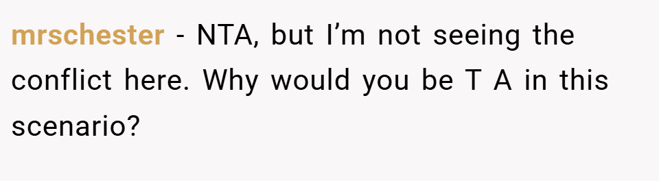 mrschester − NTA, but I’m not seeing the conflict here. Why would you be T A in this scenario?