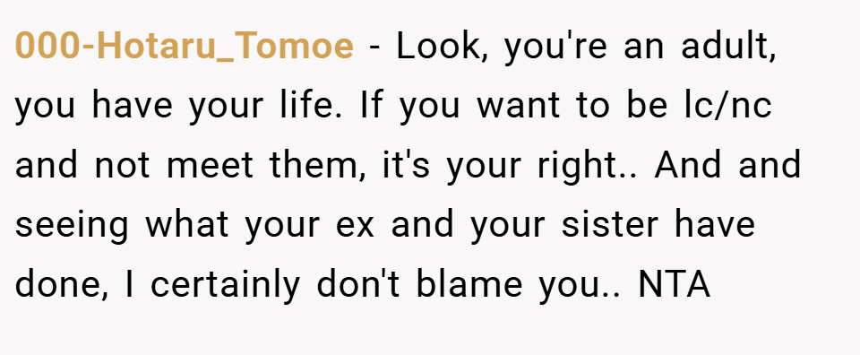000-Hotaru_Tomoe − Look, you're an adult, you have your life. If you want to be lc/nc and not meet them, it's your right.. And and seeing what your ex and your sister have done, I certainly don't blame you.. NTA