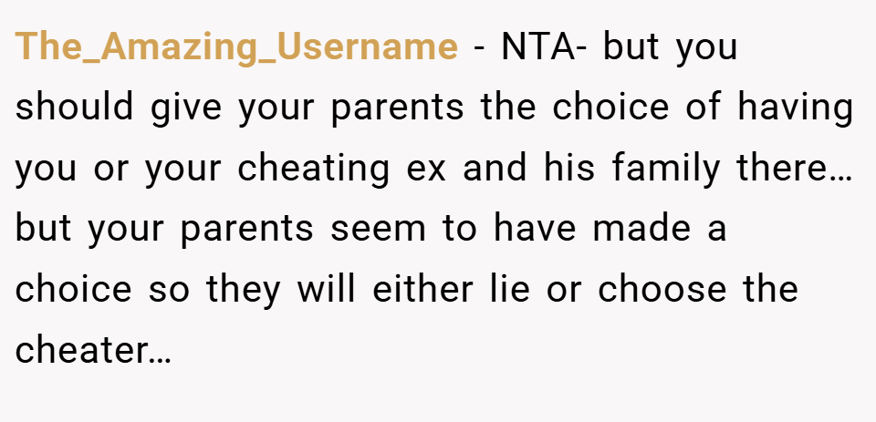 The_Amazing_Username − NTA- but you should give your parents the choice of having you or your cheating ex and his family there… but your parents seem to have made a choice so they will either lie or choose the cheater…