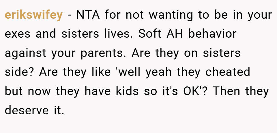 erikswifey − NTA for not wanting to be in your exes and sisters lives. Soft AH behavior against your parents. Are they on sisters side? Are they like 'well yeah they cheated but now they have kids so it's OK'? Then they deserve it.