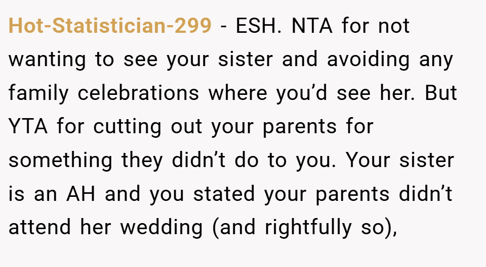Hot-Statistician-299 − ESH. NTA for not wanting to see your sister and avoiding any family celebrations where you’d see her. But YTA for cutting out your parents for something they didn’t do to you. Your sister is an AH and you stated your parents didn’t attend her wedding (and rightfully so),