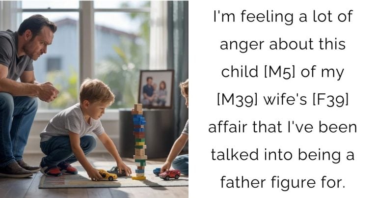 I’m feeling a lot of anger about this child [M5] of my [M39] wife’s [F39] affair that I’ve been talked into being a father figure for.