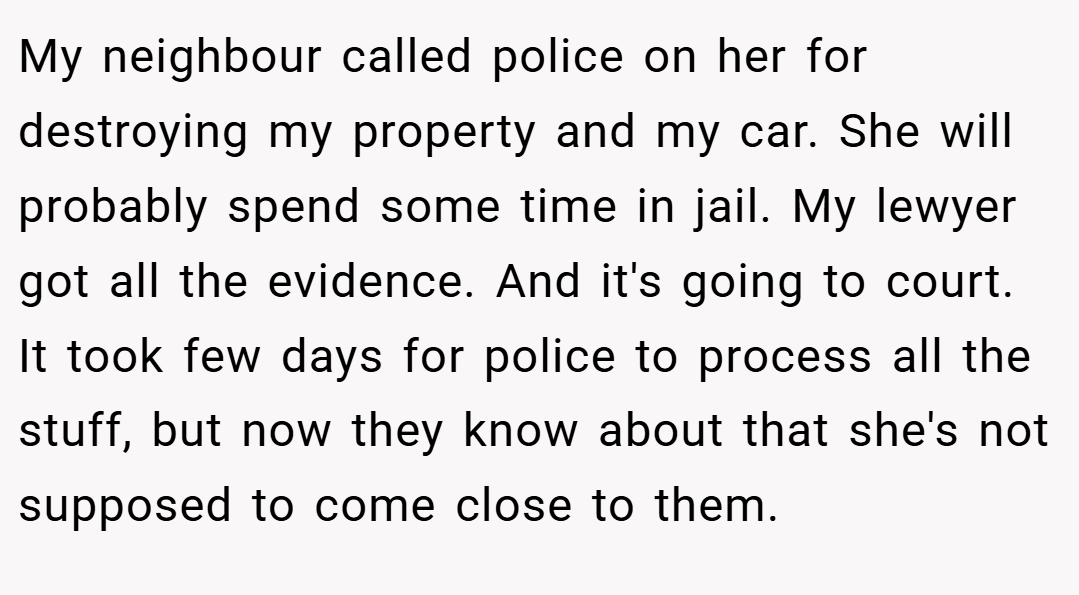 My neighbour called police on her for destroying my property and my car. She will probably spend some time in jail. My lewyer got all the evidence. And it's going to court. It took few days for police to process all the stuff, but now they know about that she's not supposed to come close to them.
