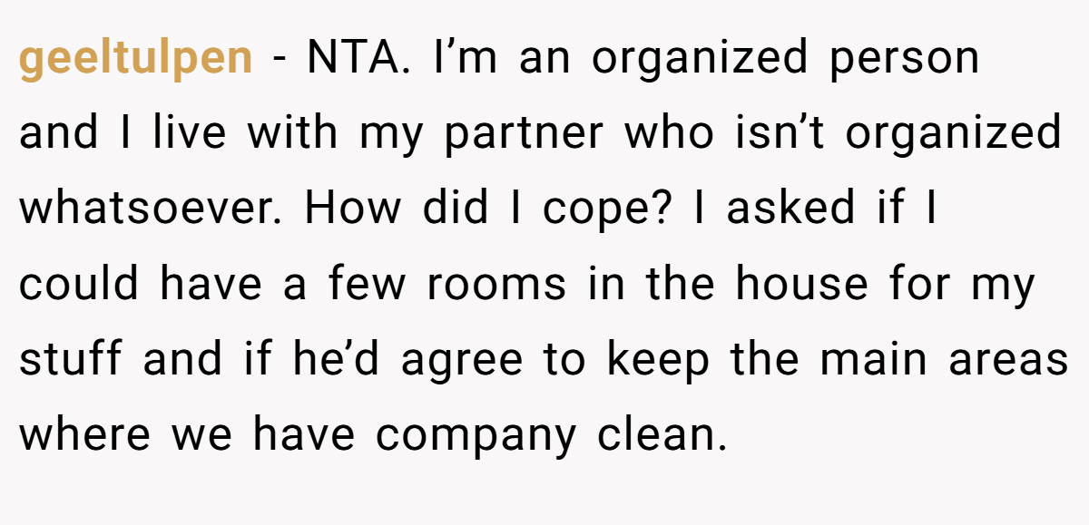 geeltulpen − NTA. I’m an organized person and I live with my partner who isn’t organized whatsoever. How did I cope? I asked if I could have a few rooms in the house for my stuff and if he’d agree to keep the main areas where we have company clean.