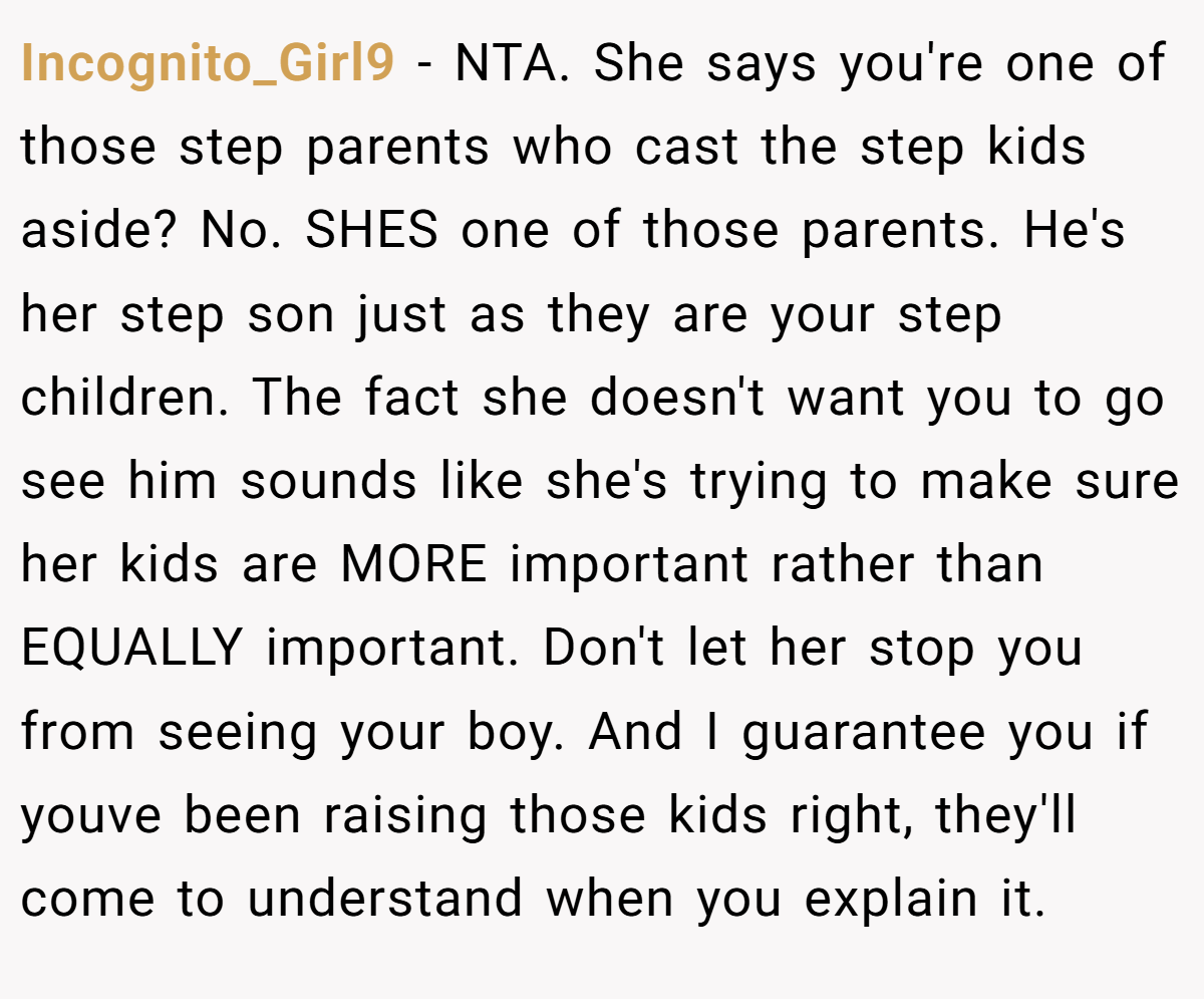 Incognito_Girl9 − NTA. She says you're one of those step parents who cast the step kids aside? No. SHES one of those parents. He's her step son just as they are your step children. The fact she doesn't want you to go see him sounds like she's trying to make sure her kids are MORE important rather than EQUALLY important. Don't let her stop you from seeing your boy. And I guarantee you if youve been raising those kids right, they'll come to understand when you explain it.