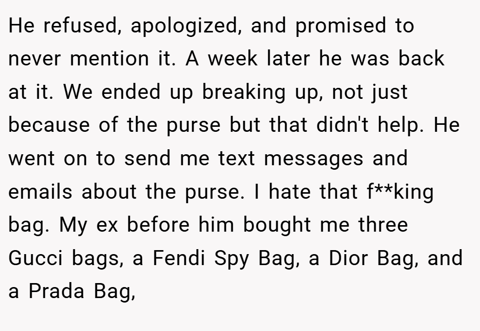 He refused, apologized, and promised to never mention it. A week later he was back at it. We ended up breaking up, not just because of the purse but that didn't help. He went on to send me text messages and emails about the purse. I hate that f**king bag. My ex before him bought me three Gucci bags, a Fendi Spy Bag, a Dior Bag, and a Prada Bag,