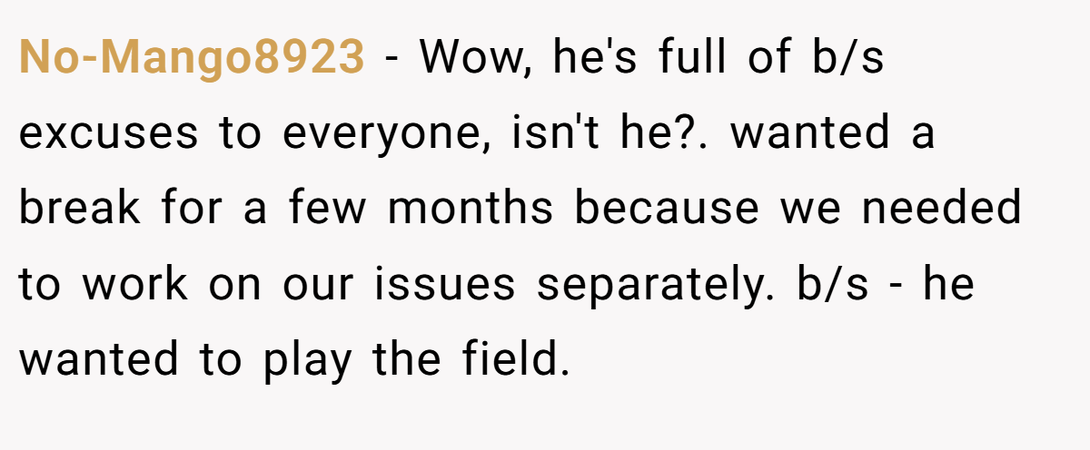 No-Mango8923 − Wow, he's full of b/s excuses to everyone, isn't he?. wanted a break for a few months because we needed to work on our issues separately. b/s - he wanted to play the field.